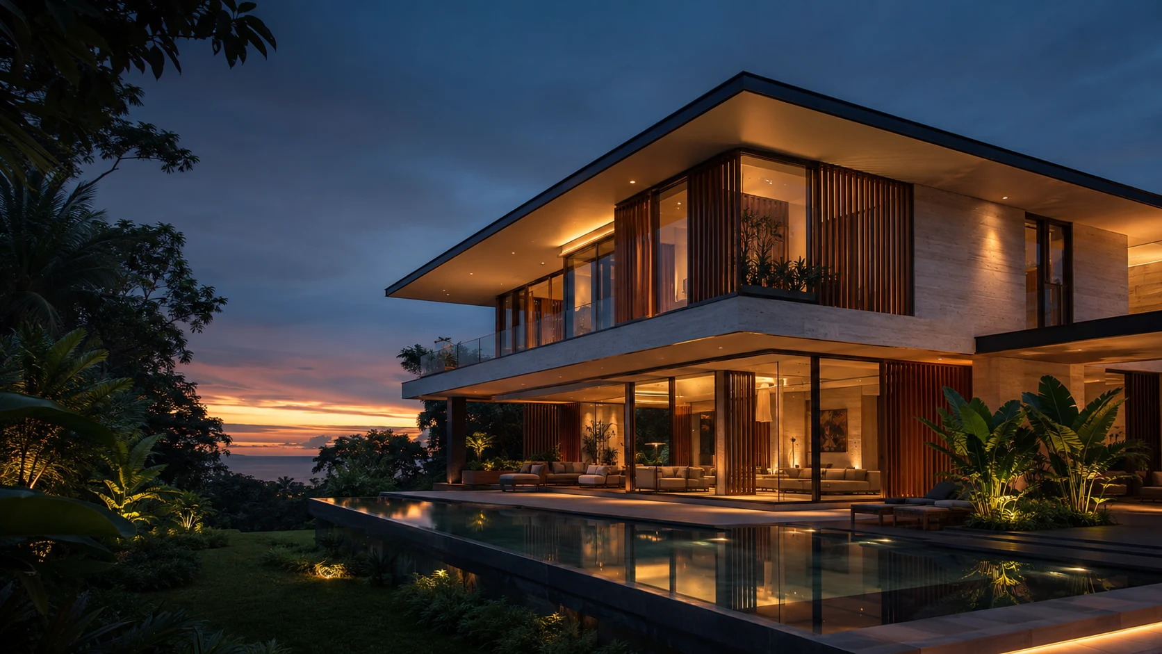 Concept of a contemporary tropical residence at dusk