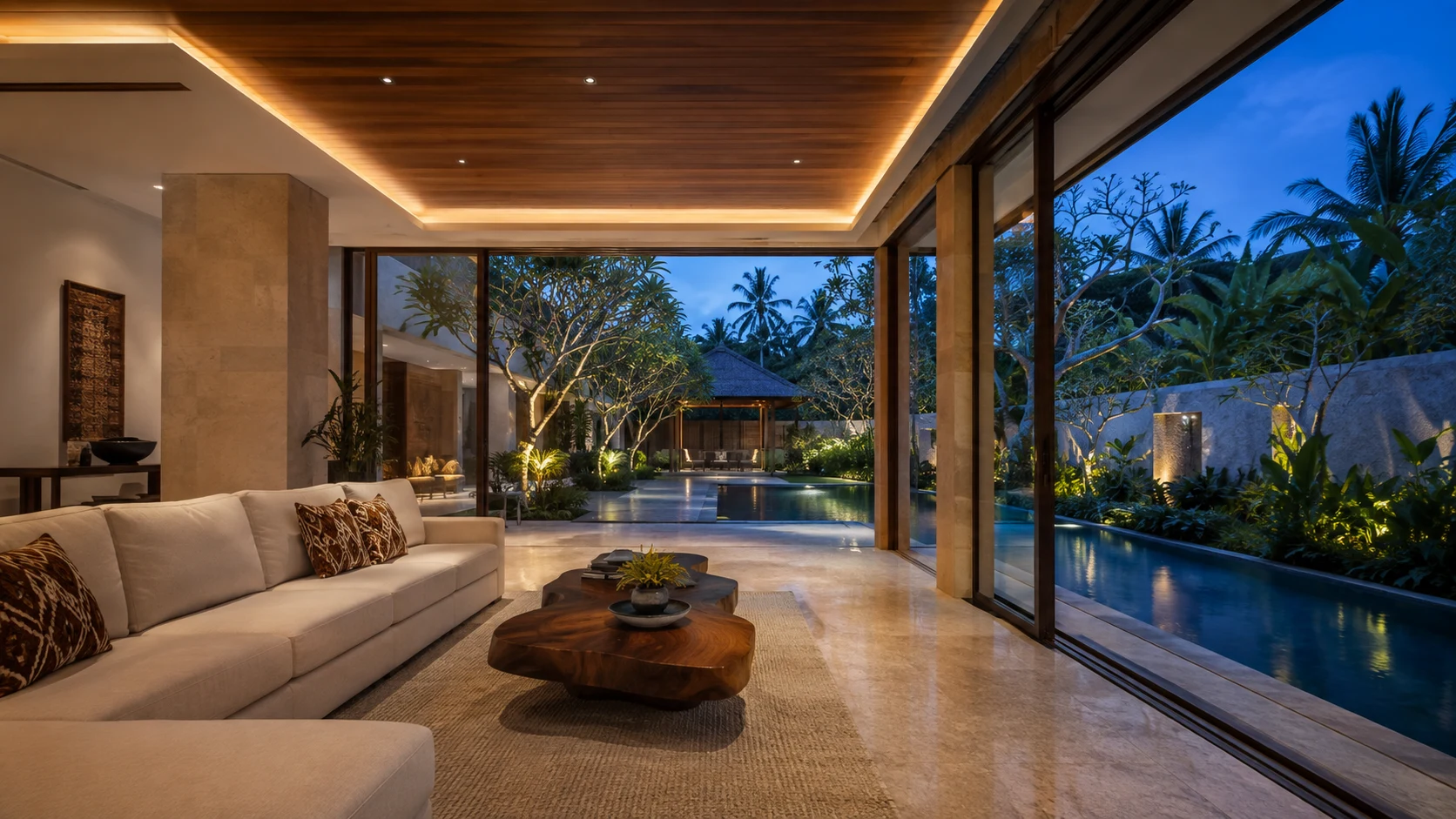 Concept of a warm timber and stone living room